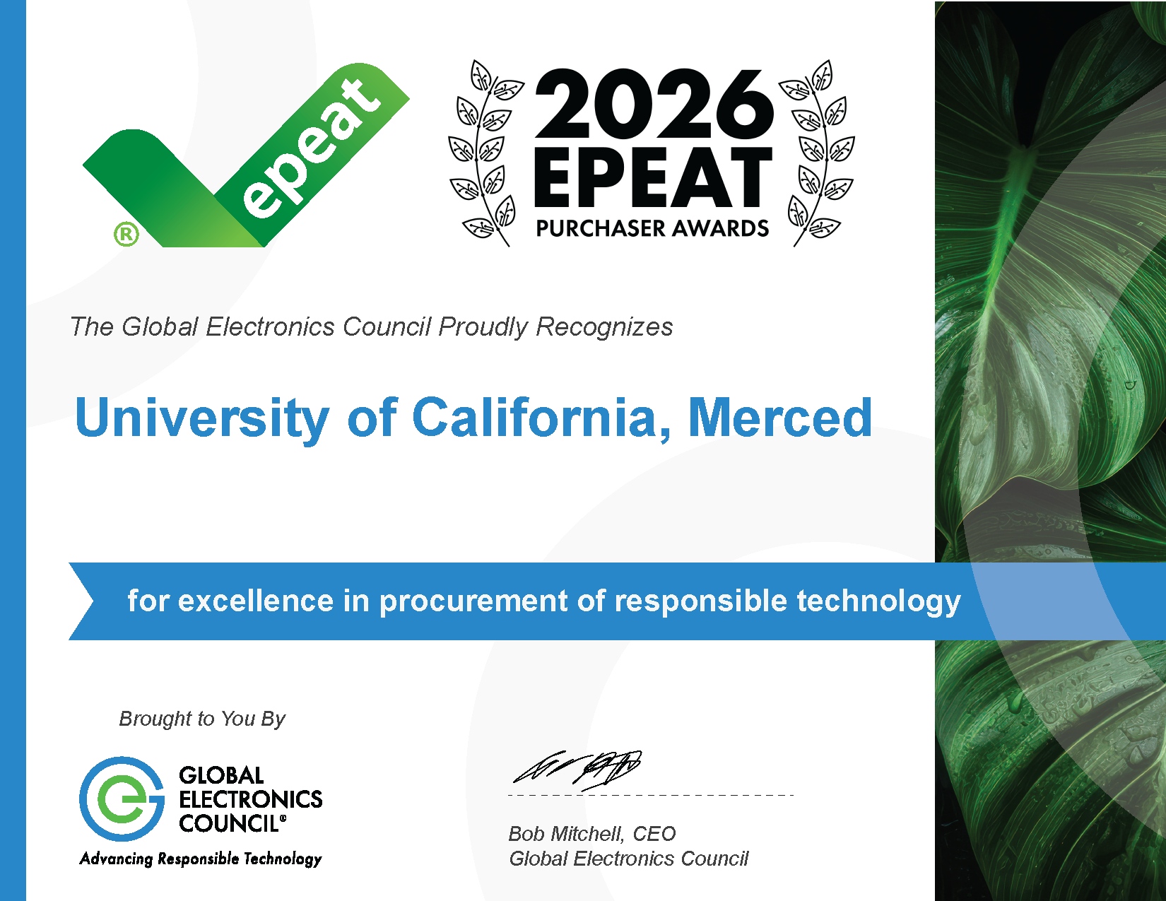 UC Merced EPEAT Award Certificate 2026 EPEAT Award Certificate naming University of California Merced